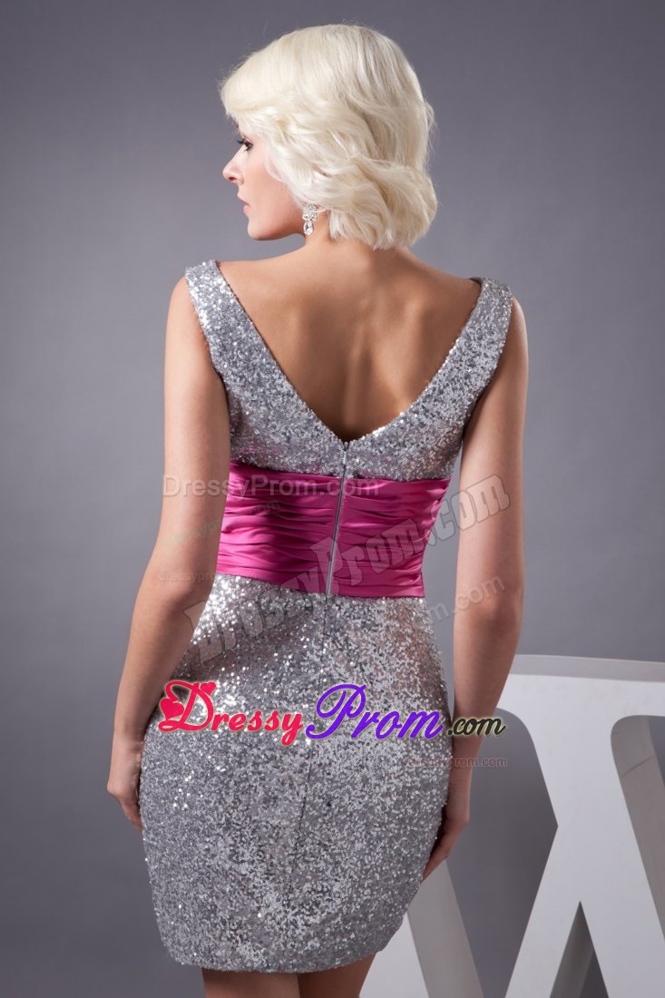 Silver V-neck Sequin Prom Graduation Dress with Ruche and Hot Pink Belt