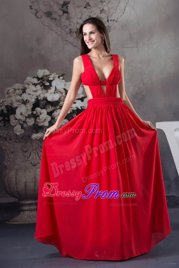 Sexy Column Floor-length Ruching Straps Chiffon Prom Dress in Red