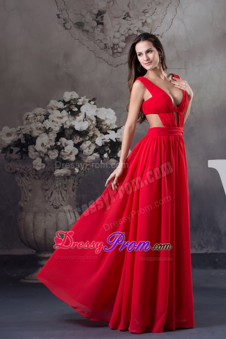 Sexy Column Floor-length Ruching Straps Chiffon Prom Dress in Red