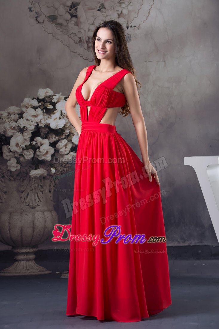 Sexy Column Floor-length Ruching Straps Chiffon Prom Dress in Red