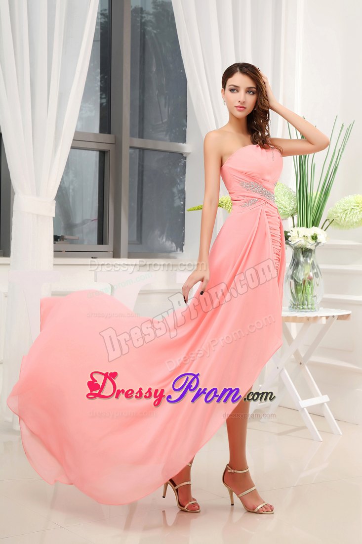 Watermelon Column Beading One Shoulder Prom Dress with Brush Train