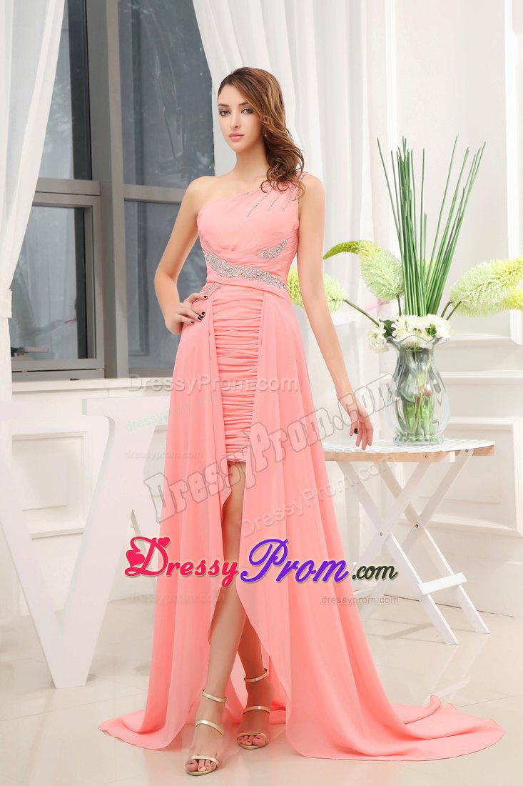 Watermelon Column Beading One Shoulder Prom Dress with Brush Train