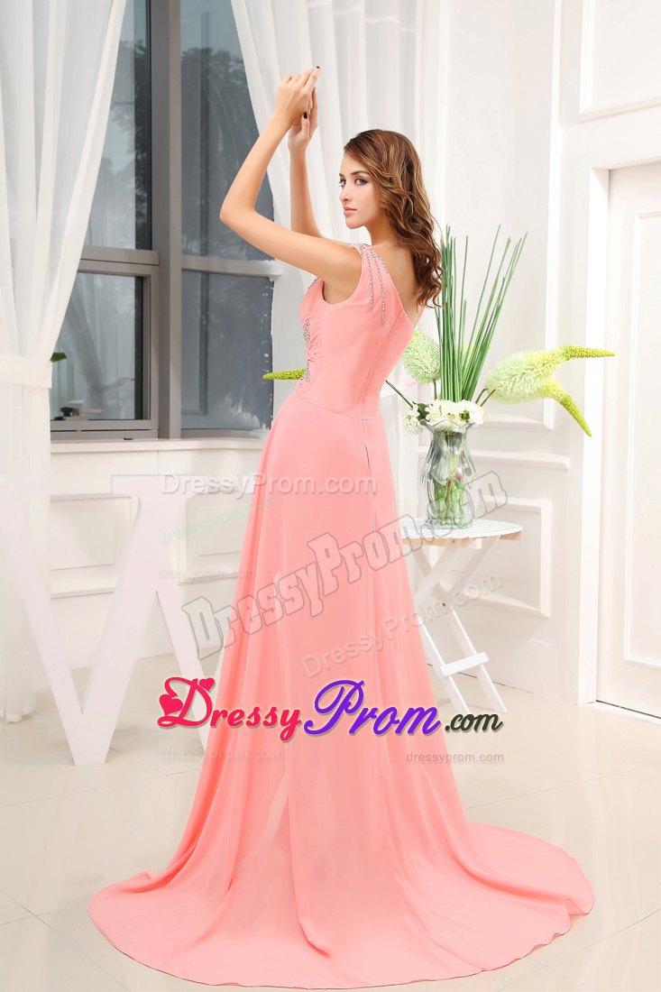 Watermelon Column Beading One Shoulder Prom Dress with Brush Train