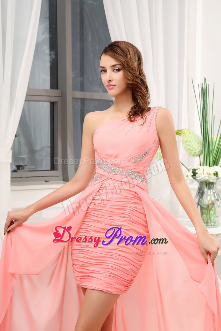 Watermelon Column Beading One Shoulder Prom Dress with Brush Train