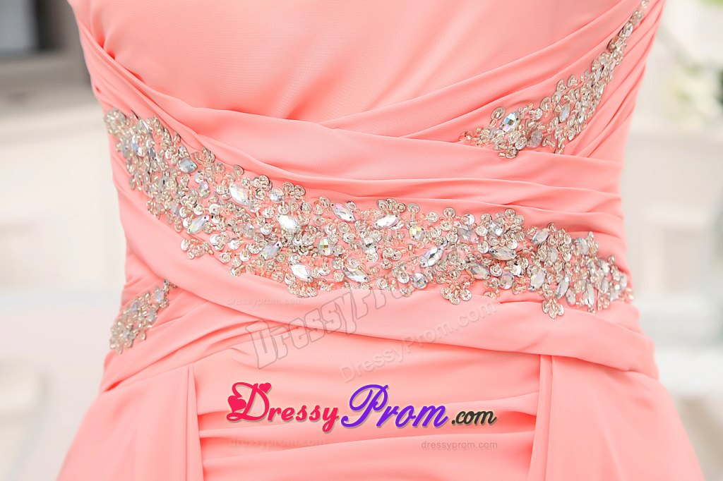 Watermelon Column Beading One Shoulder Prom Dress with Brush Train