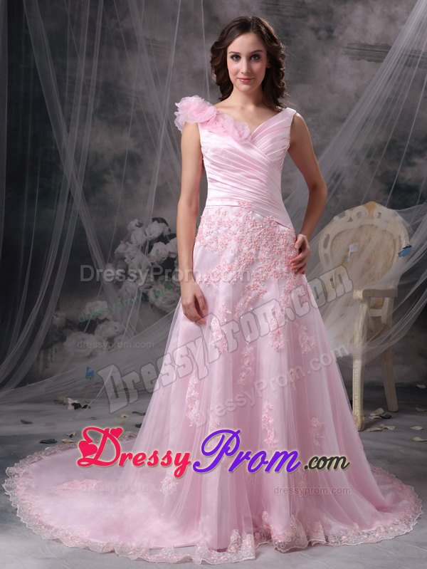 Baby Pink Princess V-neck Chiffon Prom Dress with Appliques and Ruche