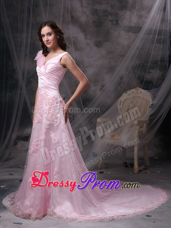 Baby Pink Princess V-neck Chiffon Prom Dress with Appliques and Ruche
