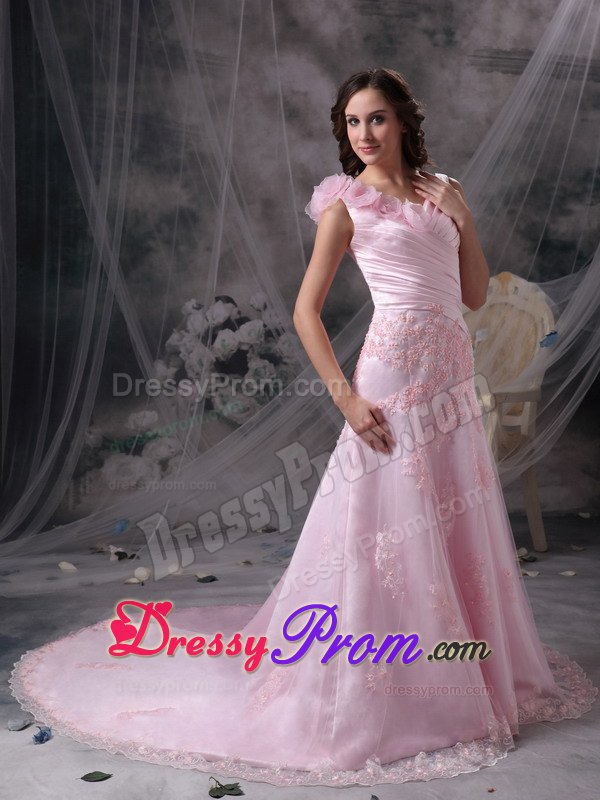 Baby Pink Princess V-neck Chiffon Prom Dress with Appliques and Ruche