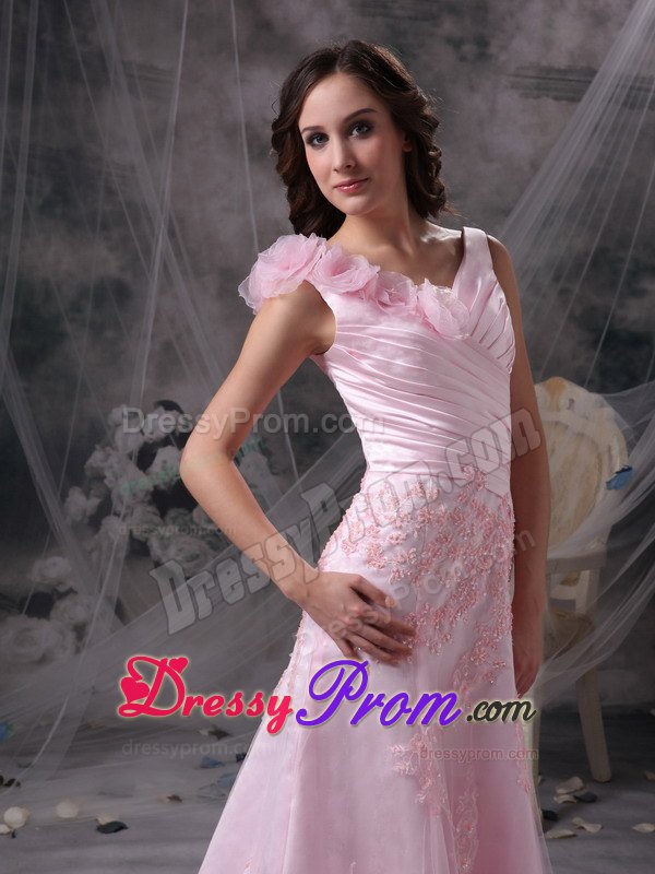 Baby Pink Princess V-neck Chiffon Prom Dress with Appliques and Ruche