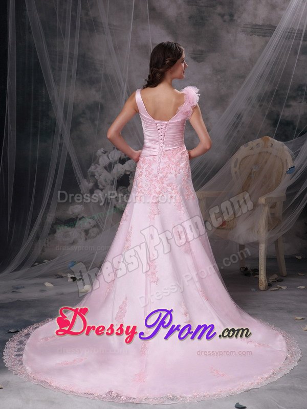 Baby Pink Princess V-neck Chiffon Prom Dress with Appliques and Ruche
