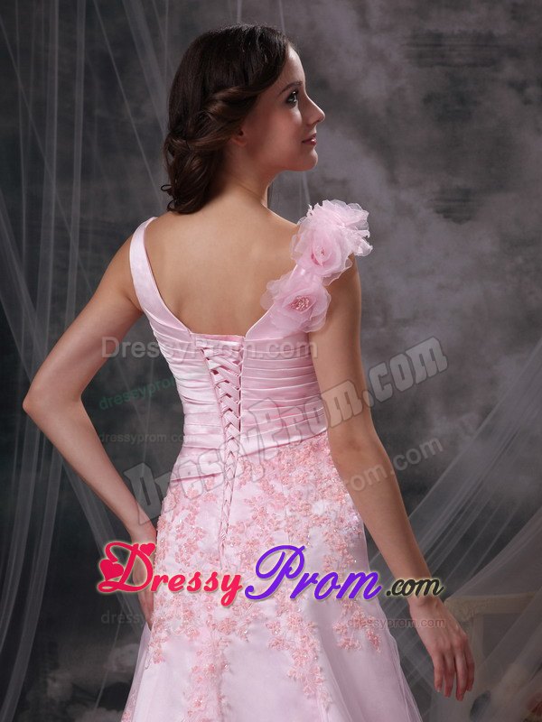 Baby Pink Princess V-neck Chiffon Prom Dress with Appliques and Ruche