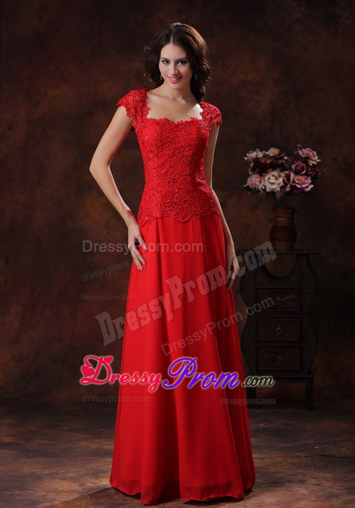 Cap Sleeves Red Square Empire Prom Dress With Lace and Chiffon