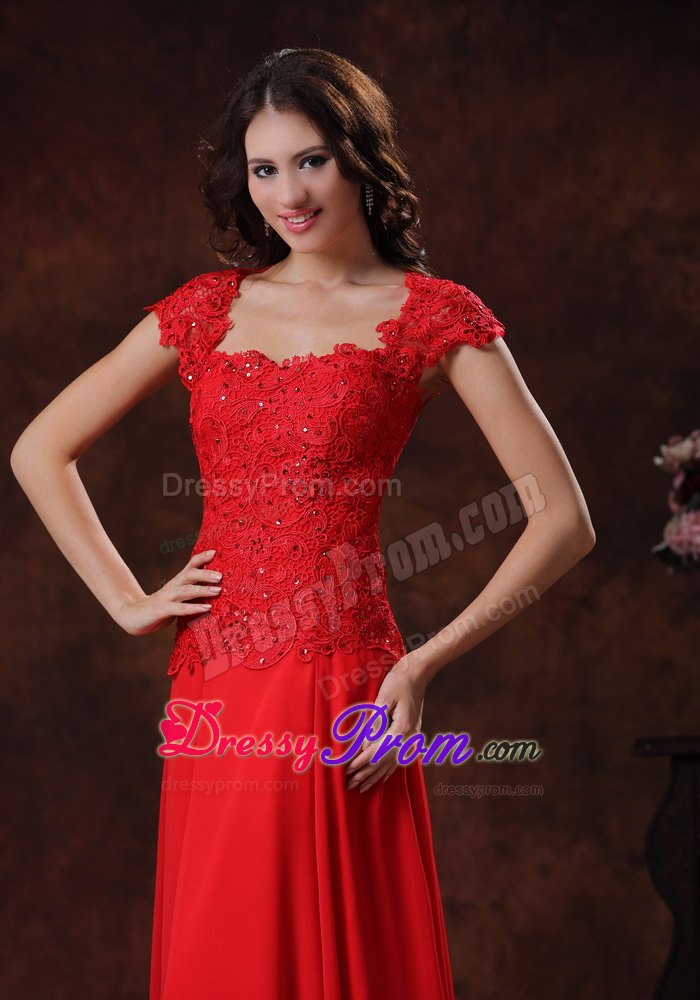 Cap Sleeves Red Square Empire Prom Dress With Lace and Chiffon