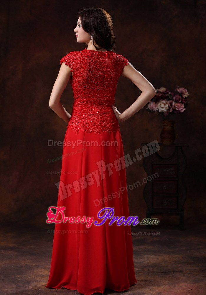 Cap Sleeves Red Square Empire Prom Dress With Lace and Chiffon