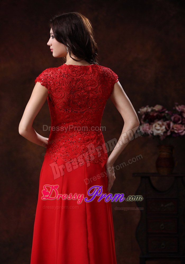 Cap Sleeves Red Square Empire Prom Dress With Lace and Chiffon