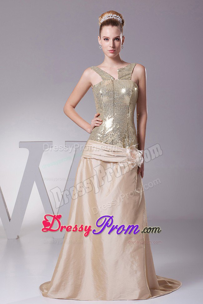 Hand Flower Sequin and Satin Champagne Brush Prom Dress in Townsville