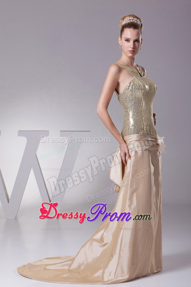 Hand Flower Sequin and Satin Champagne Brush Prom Dress in Townsville
