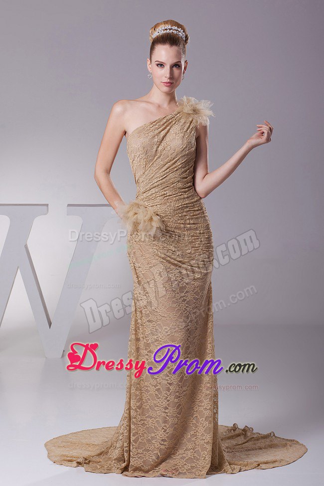 One Shoulder Hand Flowers Lace 2013 Prom Dress with Brush Train