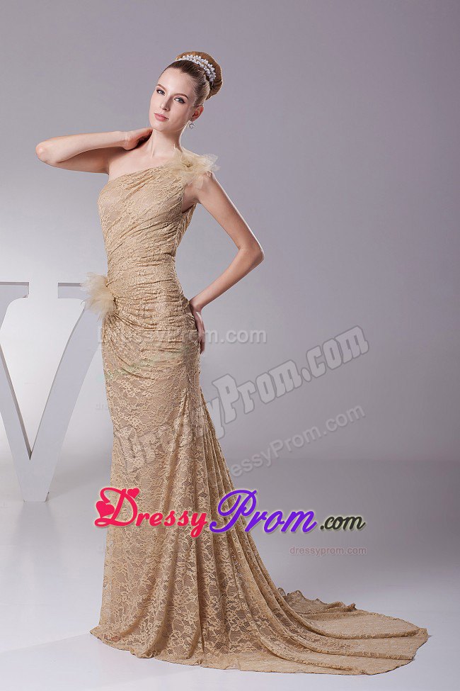 One Shoulder Hand Flowers Lace 2013 Prom Dress with Brush Train