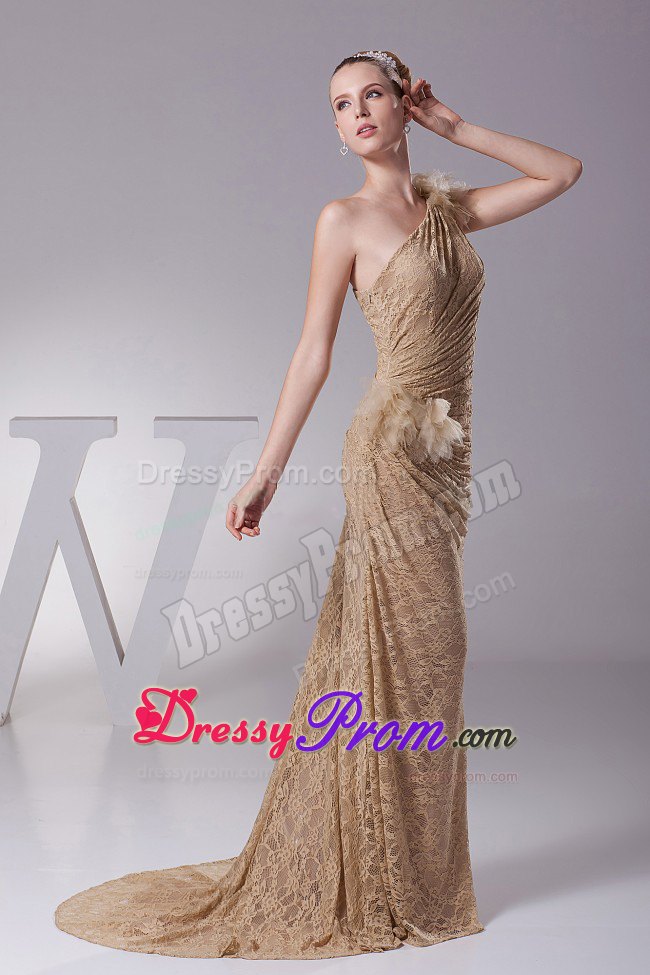 One Shoulder Hand Flowers Lace 2013 Prom Dress with Brush Train
