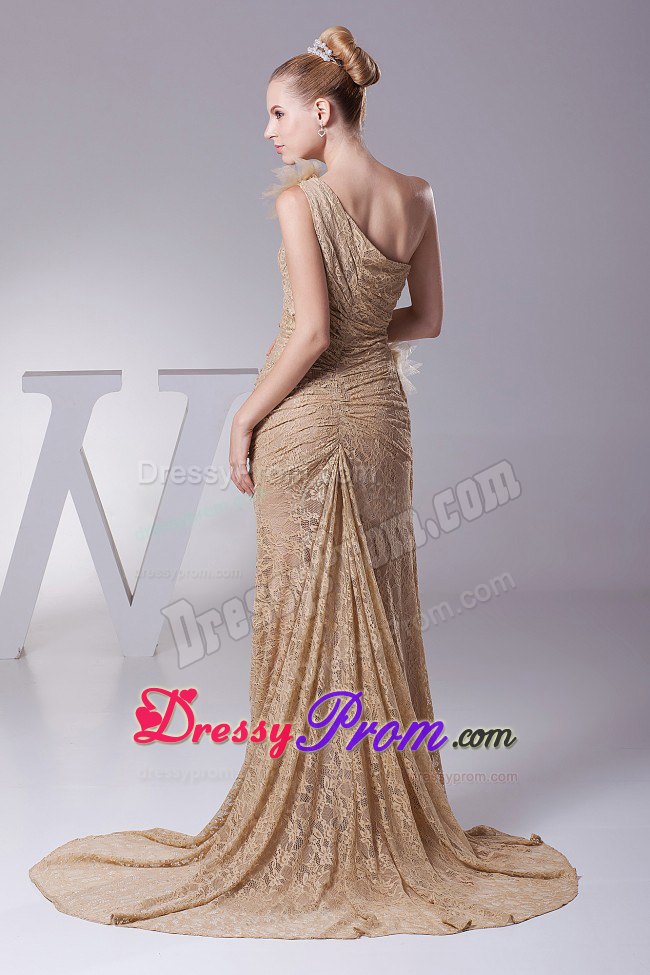 One Shoulder Hand Flowers Lace 2013 Prom Dress with Brush Train