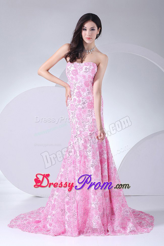 2013 Stunning Mermaid Printing Strapless Brush Train Prom Dress in Geelong