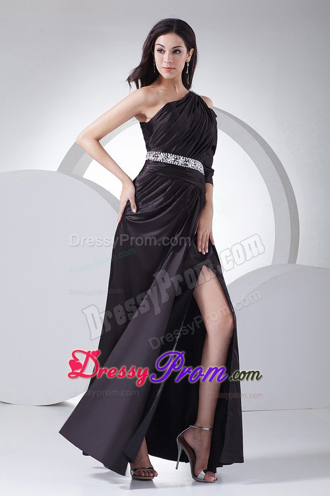 Beaded Waist Black Ankle-length One Shoulder Prom Dress with High Slit
