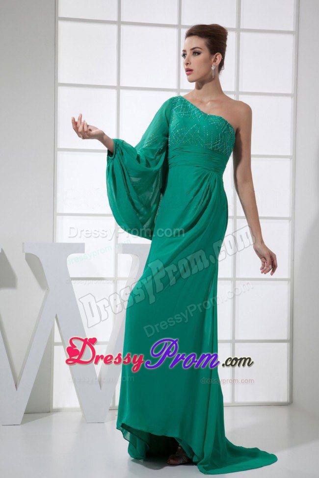 Beading One Shoulder Prom Dress with Brush Train and Long Sleeve