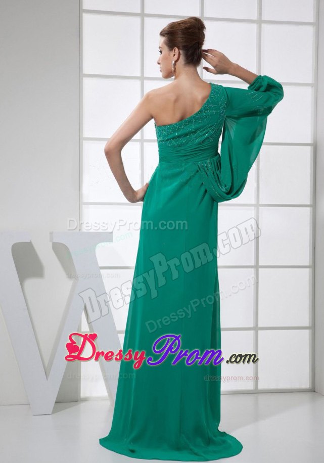 Beading One Shoulder Prom Dress with Brush Train and Long Sleeve