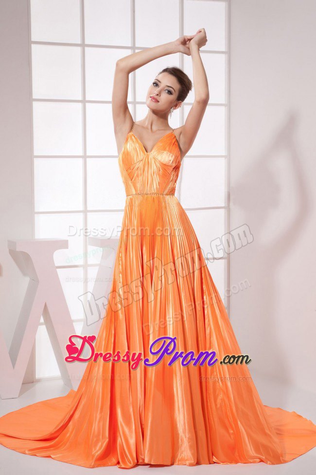2013 Orange Red Beading Straps Prom Dress with Pleat and Brush Train