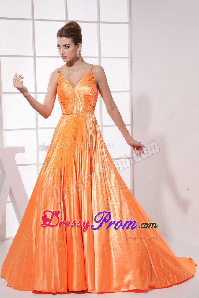 2013 Orange Red Beading Straps Prom Dress with Pleat and Brush Train