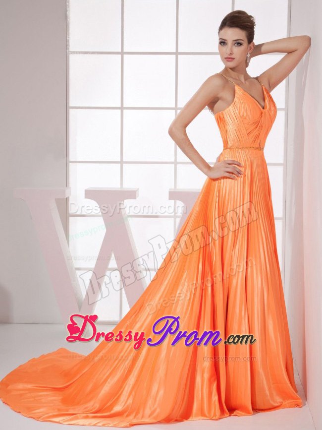 2013 Orange Red Beading Straps Prom Dress with Pleat and Brush Train