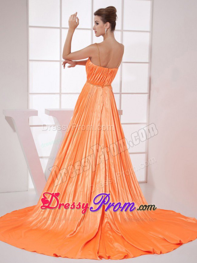 2013 Orange Red Beading Straps Prom Dress with Pleat and Brush Train