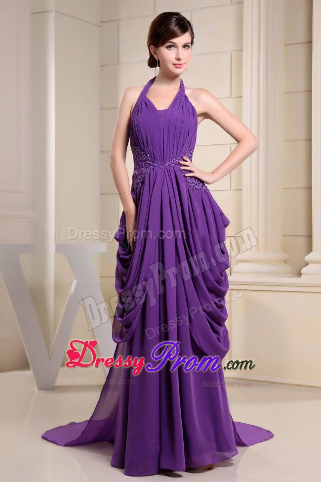 Halter Empire Purple Chiffon Prom Dress with Ruche and Appliques