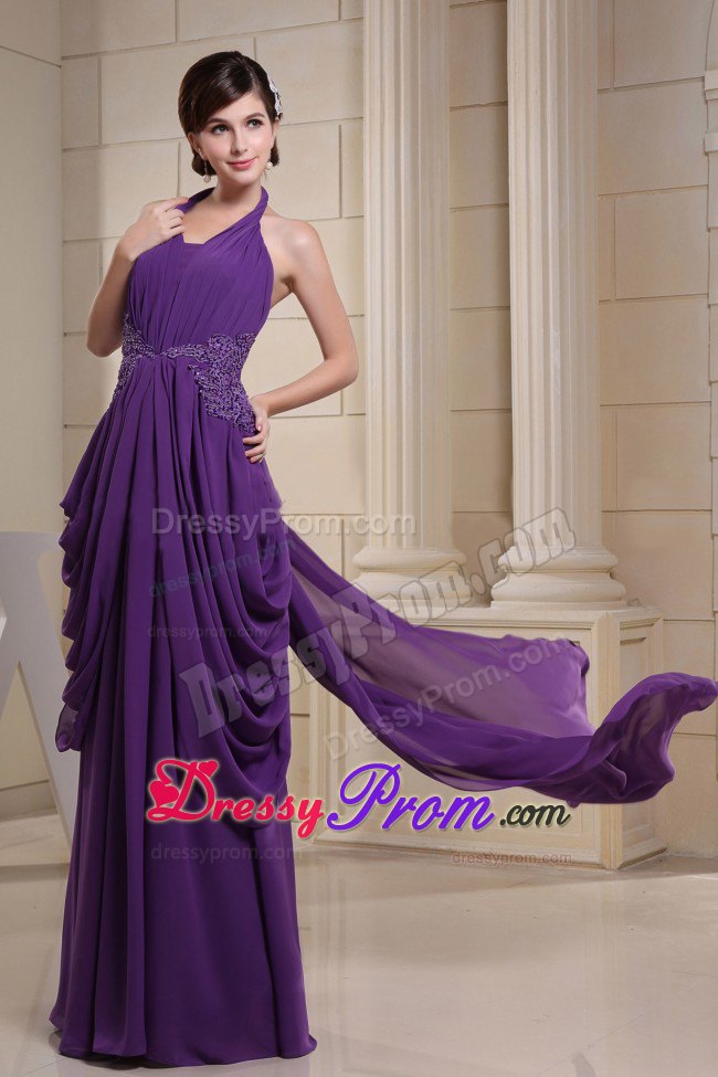 Halter Empire Purple Chiffon Prom Dress with Ruche and Appliques