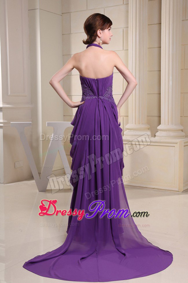 Halter Empire Purple Chiffon Prom Dress with Ruche and Appliques