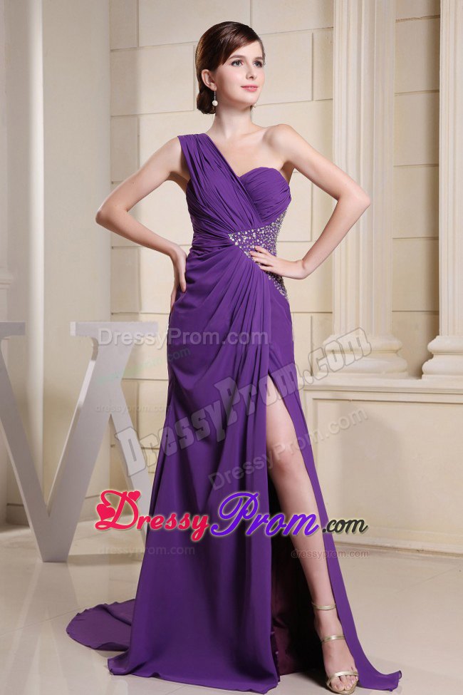 Empire Ruching Beading Brush Train For Prom Dress with One Shoulder