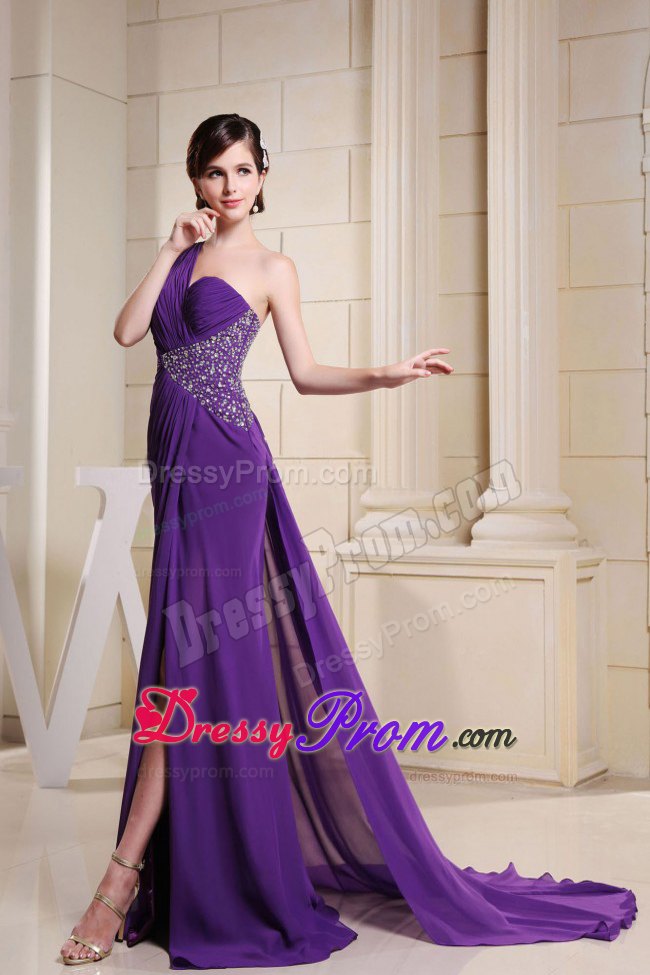 Empire Ruching Beading Brush Train For Prom Dress with One Shoulder