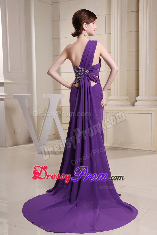 Empire Ruching Beading Brush Train For Prom Dress with One Shoulder