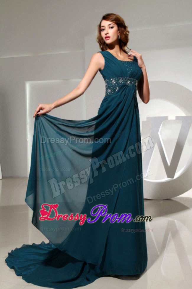 Square Blue Ruching Column Prom Dress with Beading and Brush Train