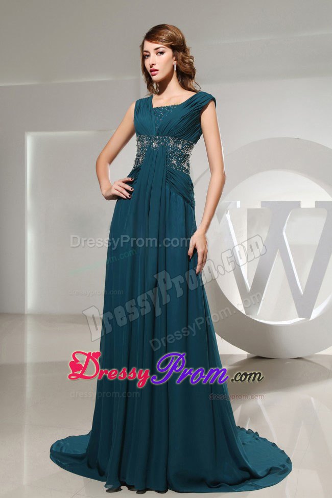 Square Blue Ruching Column Prom Dress with Beading and Brush Train