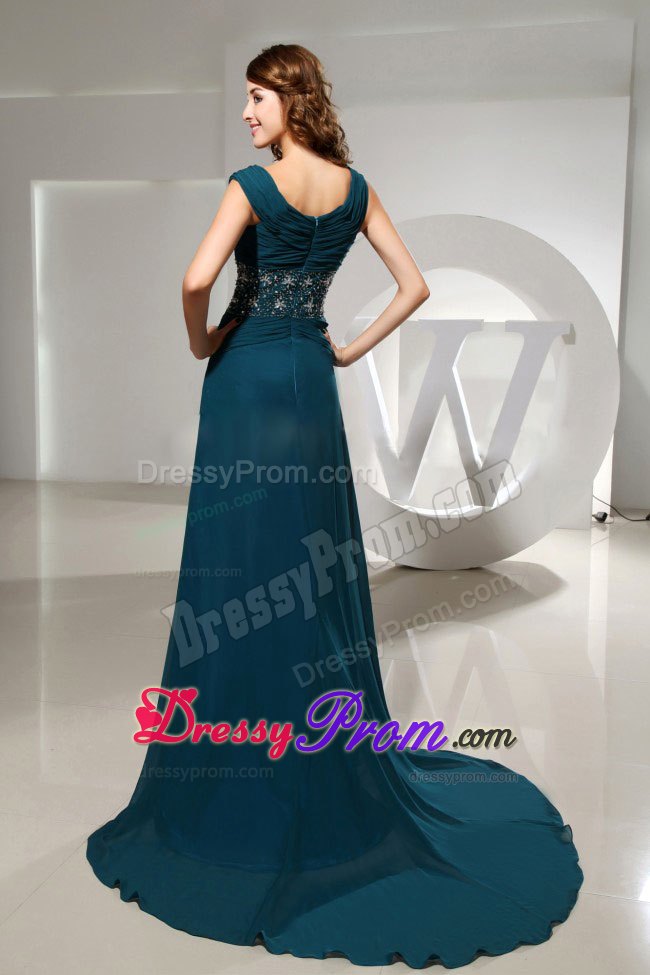 Square Blue Ruching Column Prom Dress with Beading and Brush Train