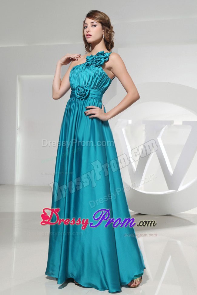 Hand Flowers One Shoulder Empire Ruching Formal Prom Dress in Teal