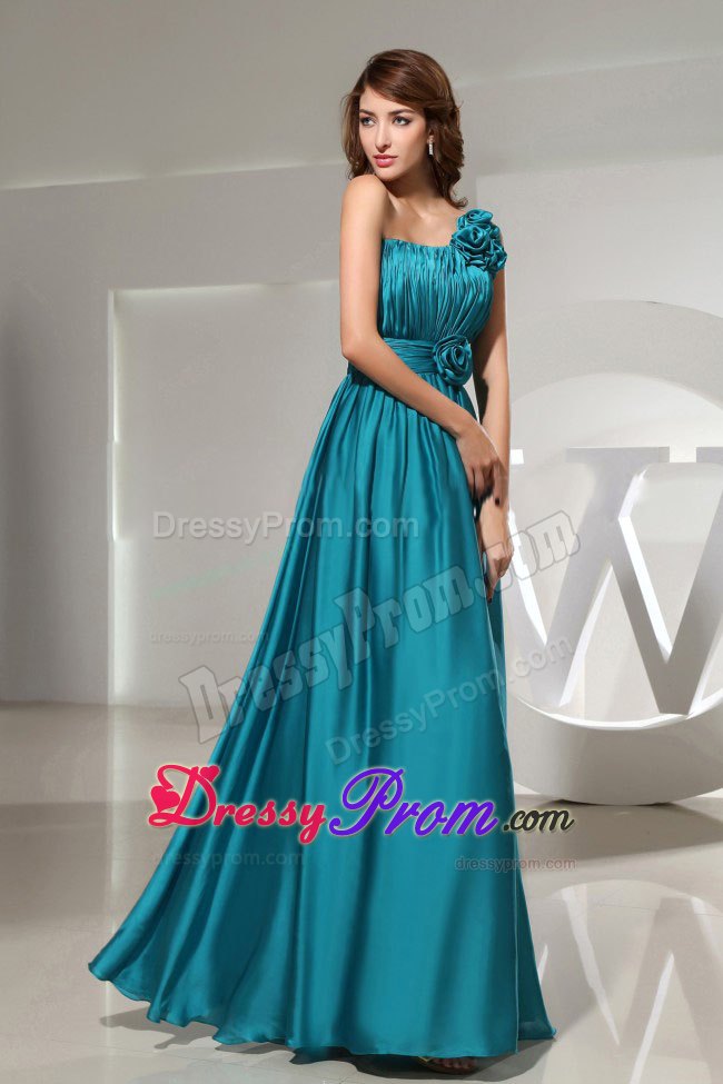 Hand Flowers One Shoulder Empire Ruching Formal Prom Dress in Teal