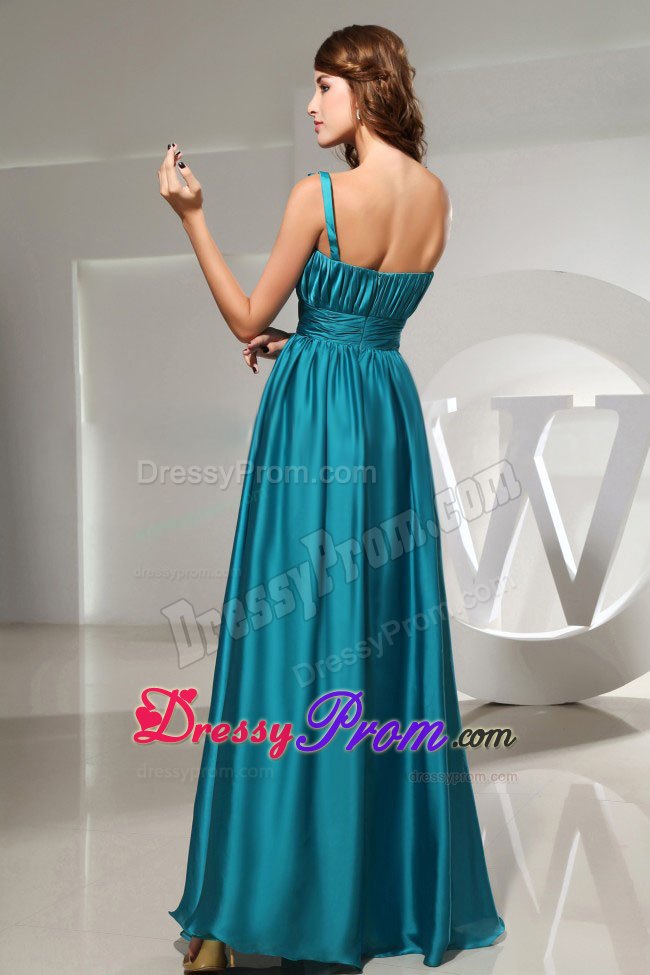 Hand Flowers One Shoulder Empire Ruching Formal Prom Dress in Teal