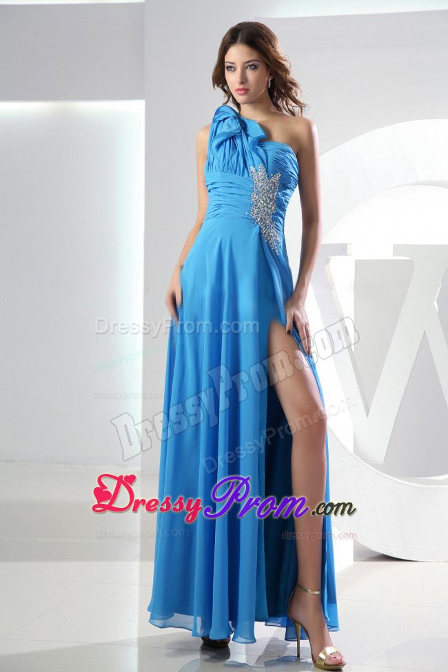 Baby Blue One Shoulder Ankle-length High-slit Beading Prom Dress