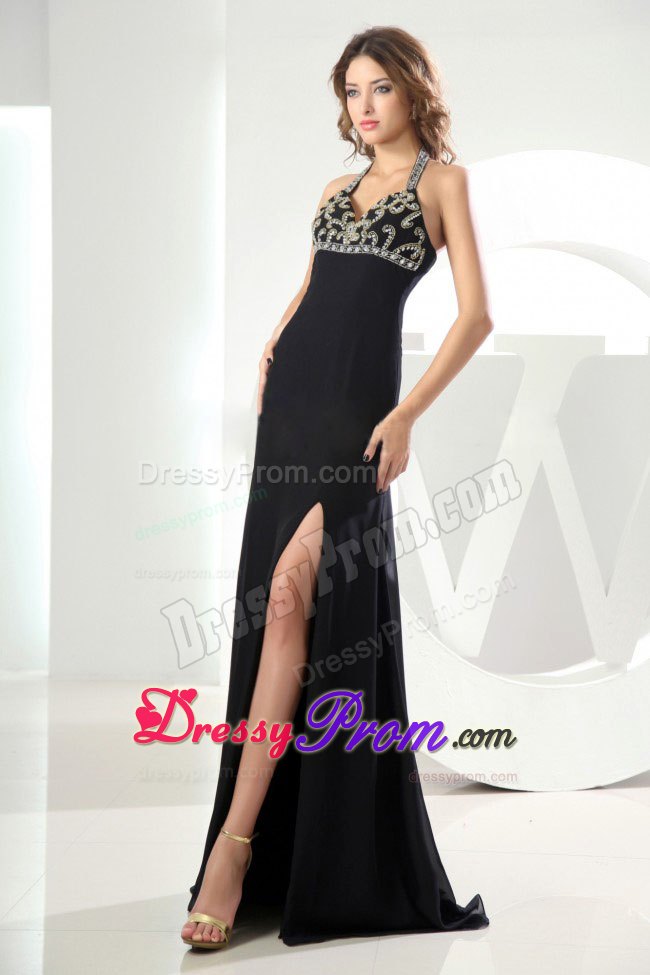 Beading Halter Column Prom Dress with High Slit in South Australia