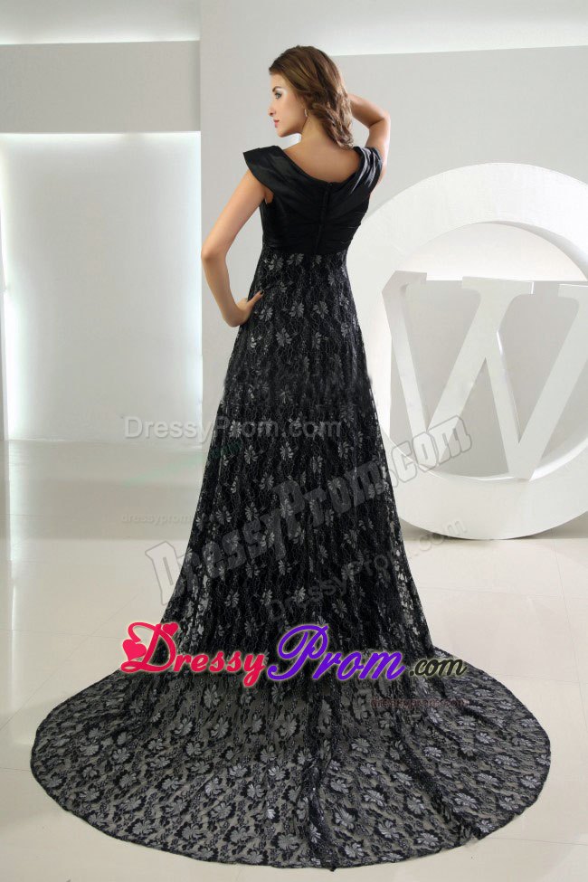Black Lace Empire V-neck Brush Train Prom Dress in Western Australia