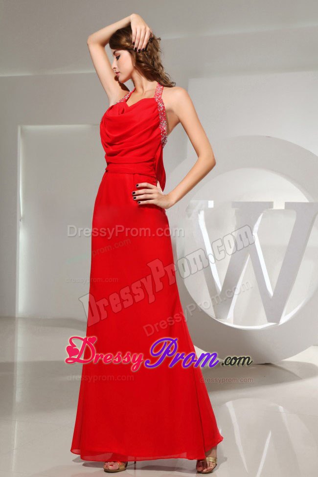 Ruching Beading Halter Mermaid Floor-length Prom Dress in Red