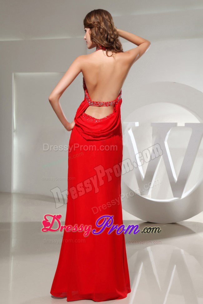 Ruching Beading Halter Mermaid Floor-length Prom Dress in Red